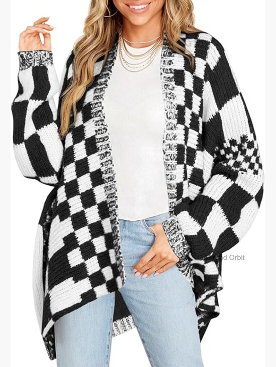 Sweaters - Oversized Checkered Cardigan, Long Sleeve Open Front Knit Sweater